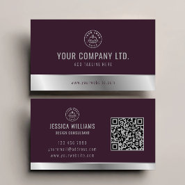 Anpassningsbar Logotyp Elegant Burgundy Silver QR- Visitkort