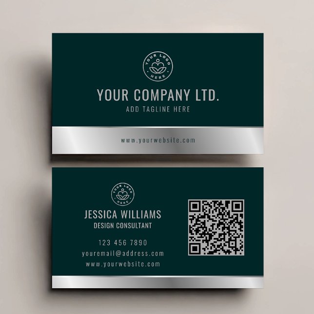 Anpassningsbar Logotyp Elegant Grönt Silver QR-kod Visitkort (Skapare uppladdad)