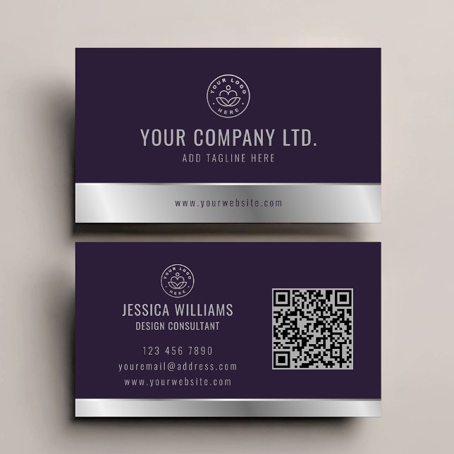Anpassningsbar Logotyp Elegant Lila Silver QR-kod Visitkort (Skapare uppladdad)