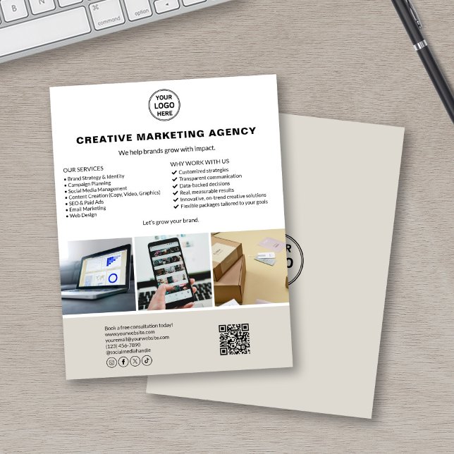 Anpassningsbar Logotyp Foto QR Marknadsföring Busi Reklamblad (Fully customizable marketing flyer for agencies and creatives)