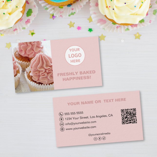 Anpassningsbar Logotyp Foto QR Rosa Bakery Visitkort (Custom Logo Photo QR Pink Bakery Business Card)
