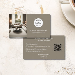 Anpassningsbar Logotyp Foto QR Social Media Taupe Visitkort
