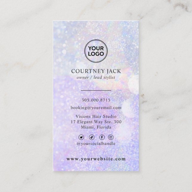  Anpassningsbar Logotyp Glitter Bokeh Modern HoloG Visitkort (Baksida)