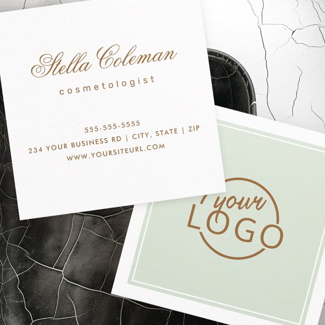 Anpassningsbar logotyp gräns minimalistisk grönt f fyrkantigt visitkort (Custom logo border minimalist light sage green square business card)