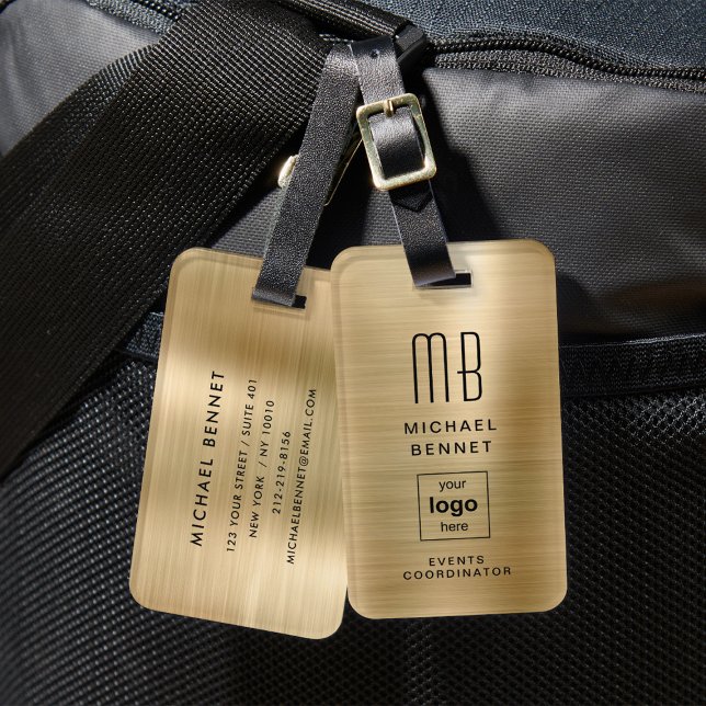 Anpassningsbar Logotyp Monogrammed Guld Brushed Me Bagagebricka (Custom Logo Monogrammed Gold Brushed Metal Luggage Tag)