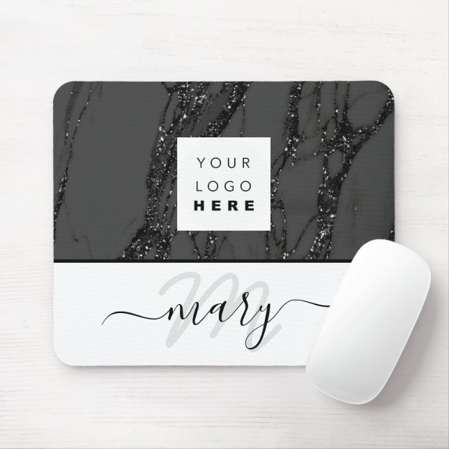 Anpassningsbar Logotyp Namn Monogram Marble Black  Musmatta (Med mus)