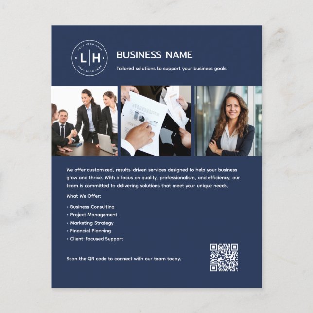 Anpassningsbar Logotyp Photo QR Professionell Blue Flygblad (Framsidan)