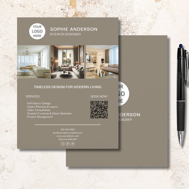 Anpassningsbar Logotyp Photo QR Taupe Professionel Reklamblad (Custom Logo Photo QR Taupe Professional Business Flyer)