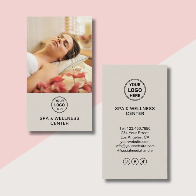 Anpassningsbar Logotyp Photo Social Media Spa Häls Visitkort (Custom Logo Photo Social Media Spa Wellness Center Business Card)