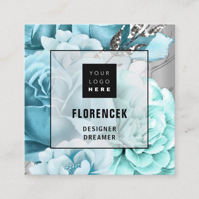 Anpassningsbar Logotyp QR CODE Silver Grått Blommi Fyrkantigt Visitkort (Framsida)