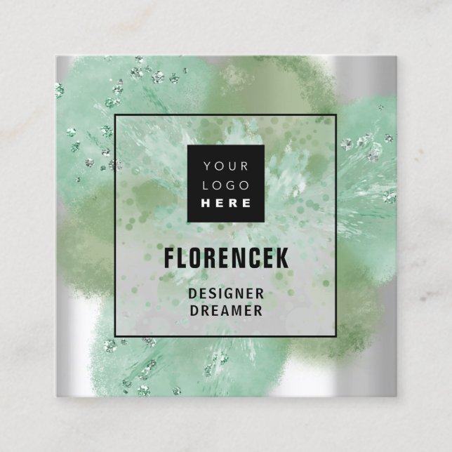 Anpassningsbar Logotyp QR CODE Silver Grått Blommi Fyrkantigt Visitkort (Framsida)