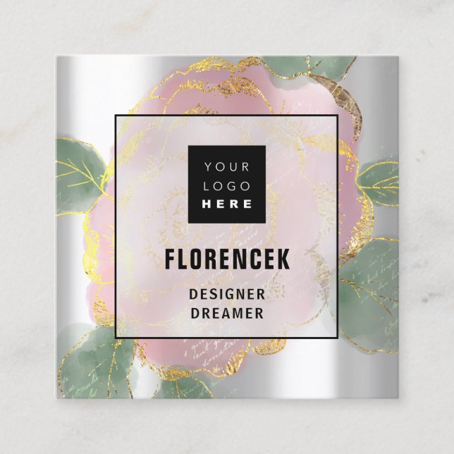 Anpassningsbar Logotyp QR CODE Silver Grått Grönt  Fyrkantigt Visitkort (Framsida)