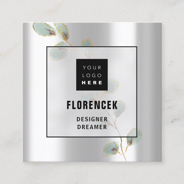 Anpassningsbar Logotyp QR CODE Silver Grått Grönt  Fyrkantigt Visitkort (Framsida)