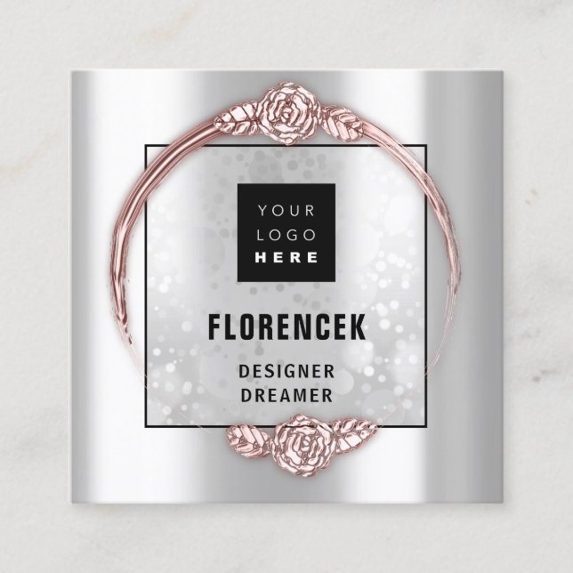 Anpassningsbar Logotyp QR CODE Silver Grått Ro Ram Fyrkantigt Visitkort (Framsida)