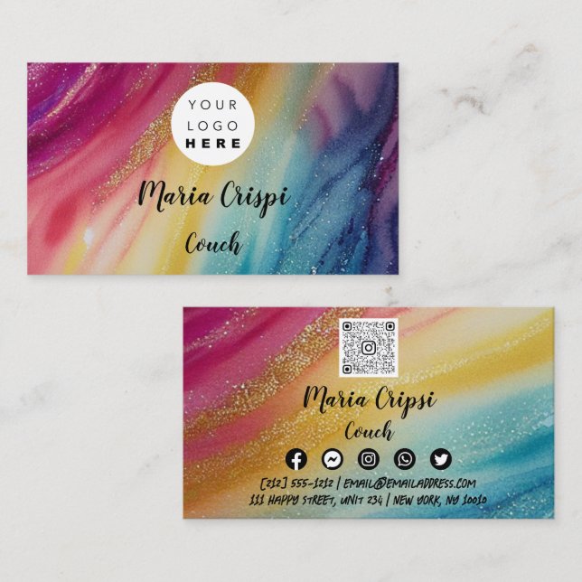 Anpassningsbar Logotyp QR Regnbåge Guld Social Med Visitkort (Fram/baksida)