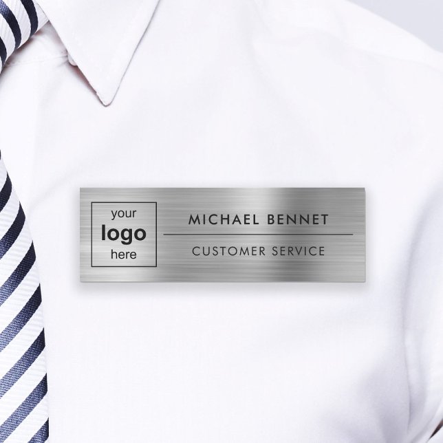 Anpassningsbar Logotyp Silver Grått Professionell  Namnbricka (Custom Logo Silver Gray Professional Business Name Tag)
