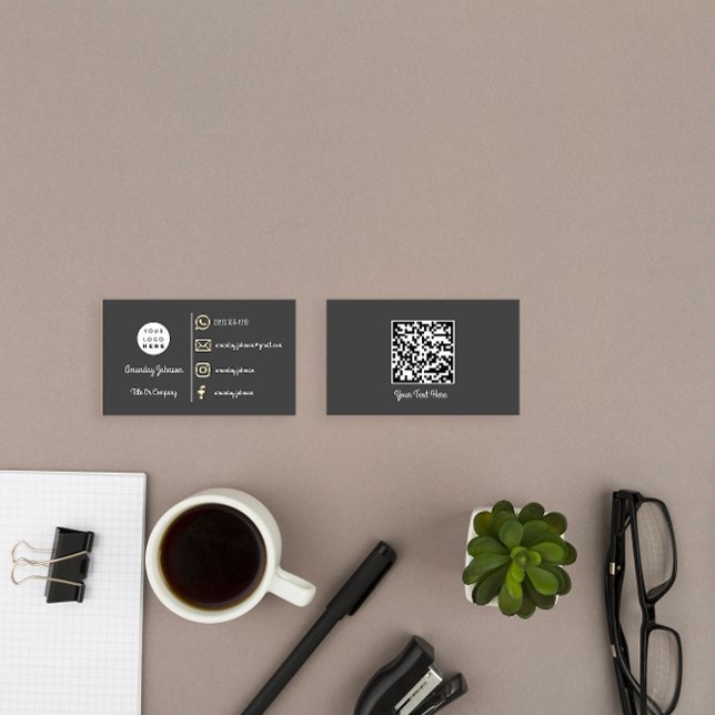 Anpassningsbar Logotyp Social Media Guld QR-kod Gr Visitkort (Custom Logo Social Media Gold QR Code Gray Business Card)