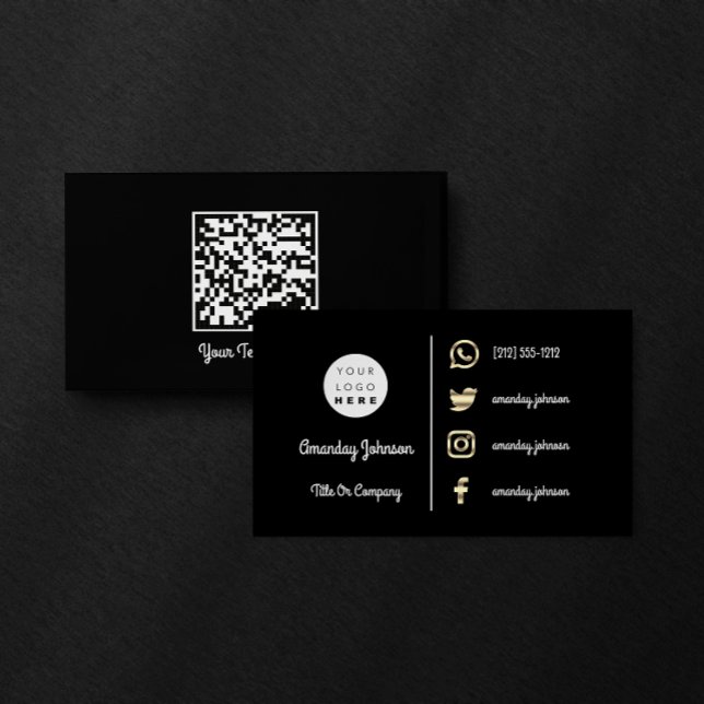 Anpassningsbar Logotyp Social Media Guld QR-kod Sv Visitkort (Custom Logo Social Media Gold QR Code Black White Business Card)