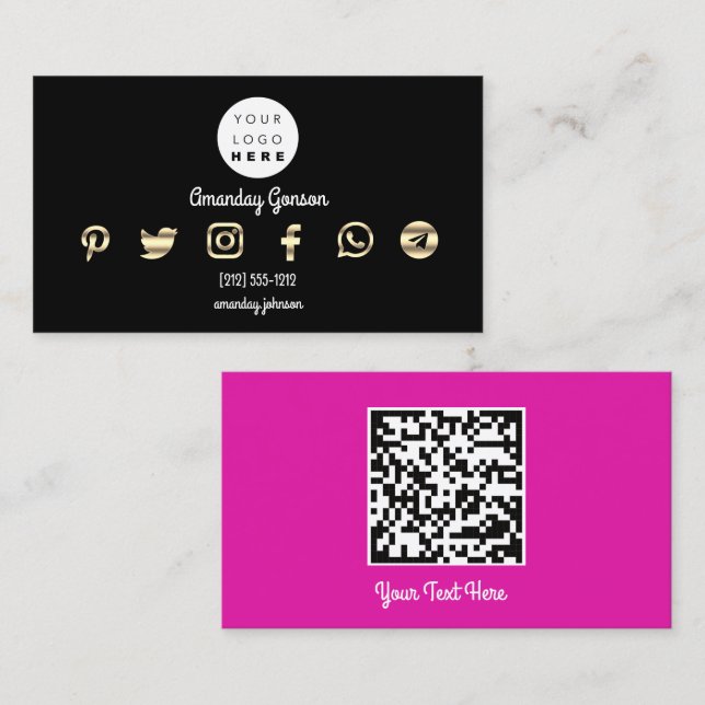 Anpassningsbar Logotyp Social Media Guld Rosa QR-k Visitkort (Fram/baksida)