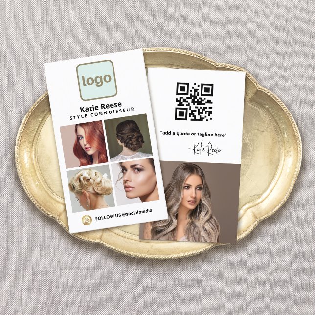 Anpassningsbar Logotyp Social Media Photo Card - I Visitkort (4 photo grid  business card with logo  and instagram social media networking icon and QR Code)