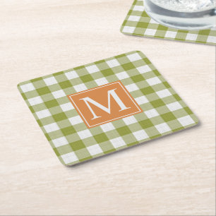 Anpassningsbar Löv Grönt Pumpkin Orange Gingham Mö Underlägg Papper Kvadrat