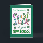 Anpassningsbar Lycka till vid New School Four löv  Kort<br><div class="desc">Ett hälsningskort från Lycka till i New School för att personalisera,  med skarp färgad,  fyra löv-klöver och ett hästskon för tur! En textbaserad,  digital design av Judy Adamson,  du kan lägga till mottagarna namn längst fram och ändra det inre meddelandet om du vill.</div>