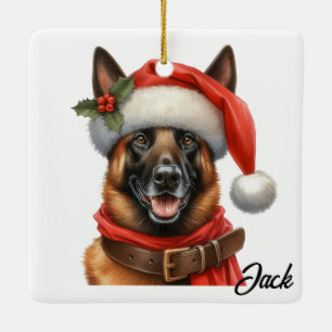 Anpassningsbar Lycklig Belgiska Malinois-Hund med  Julgransprydnad Keramik