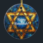 Anpassningsbar Lycklig Hanukkah ✡️, David-stjärnan Julgransprydnad Keramik<br><div class="desc">Denna charmerande hanukkah-keramiska cirkelprydnad, kallad "Starry Night Hanukkah Charm", är ett härligt tillägg till vilken helgdag som helst. Den har en strålande stjärnan av David i en glödande gyllene nyans mot en djup blå bakgrund, som påminner om en stjärnbelyst natt himmel. Det vita manuset i eleganten i mitten lyder "Lycklig...</div>