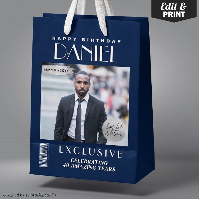Anpassningsbar Magazine Cover Modern Birthday Gift (Custom Magazine Cover Modern Birthday Gift Bag Navy Blue Silver Gift Bag and Favor Bag)