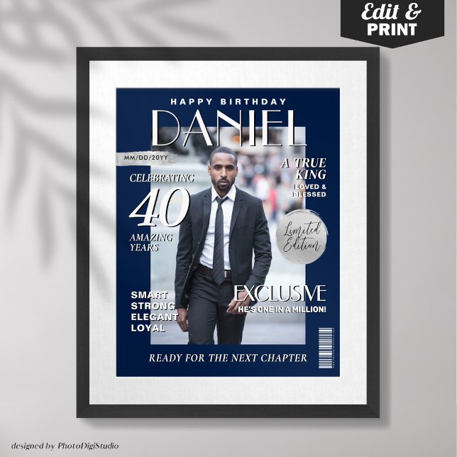 Anpassningsbar Magazine Cover, Modern Birthday Por Poster (Custom Magazine Cover, Modern Birthday Portrait Poster Navy SIlver Birthday Gift for Him)