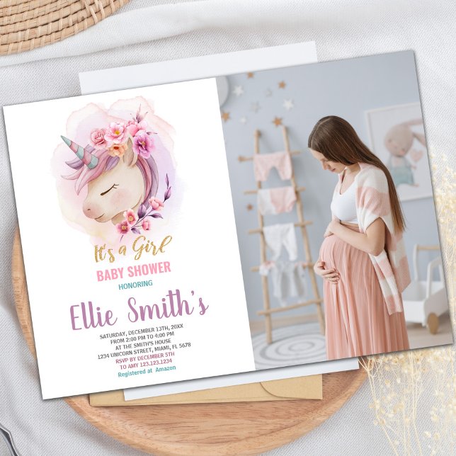Anpassningsbar Magic Baby Firande Inbjudan (Floral Unicorn Baby Shower Invitations with photo)