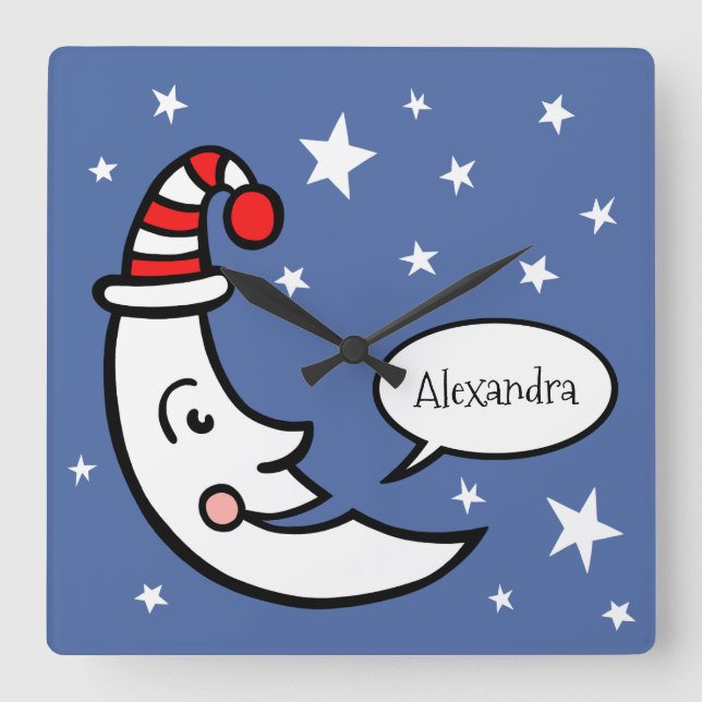 Anpassningsbar Måne Ansikte och stjärnor Fyrkantig Klocka (Framsida)