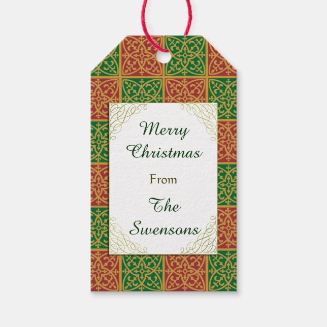 Anpassningsbar Märkre: Julrött Grönt Fleur-de-lis  Presentetikett (Framsidan)