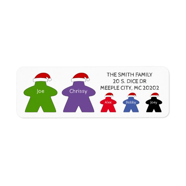 Anpassningsbar Meeple Family of 5 w/Santa Hats jul Returadress Etikett (Framsidan)