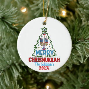 Anpassningsbar Merry Chrismukkah Lycklig Hanukkah Julgransprydnad Keramik