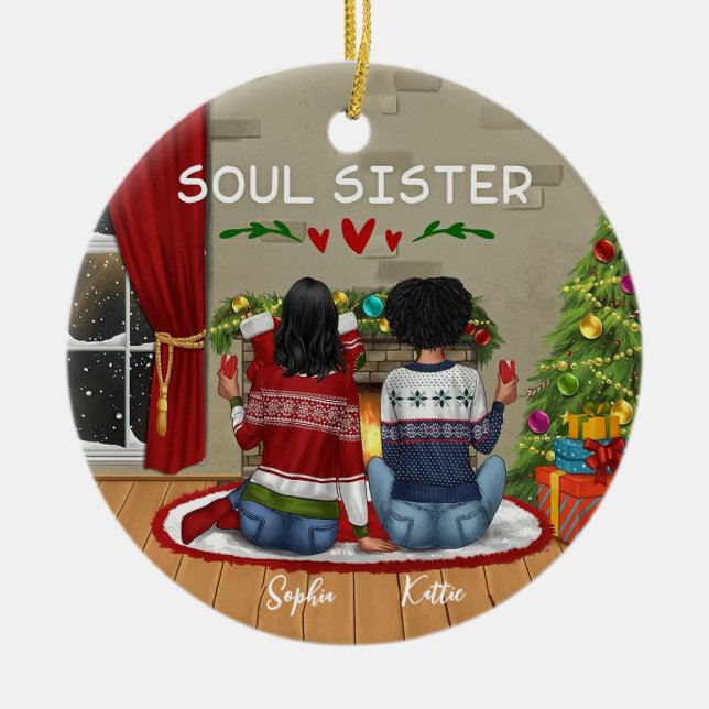 Anpassningsbar Merry christmast Soul Sister Julgransprydnad Keramik (Framsidan)