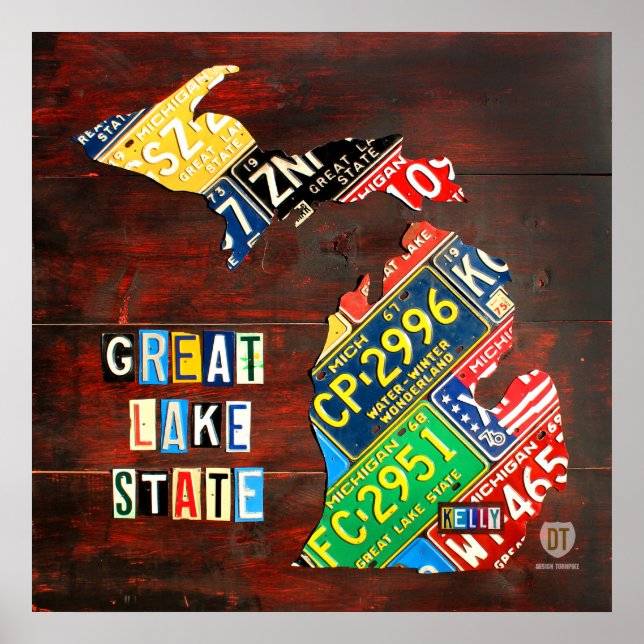 Anpassningsbar Michigan License Plate Karta w/namn Poster (Framsidan)