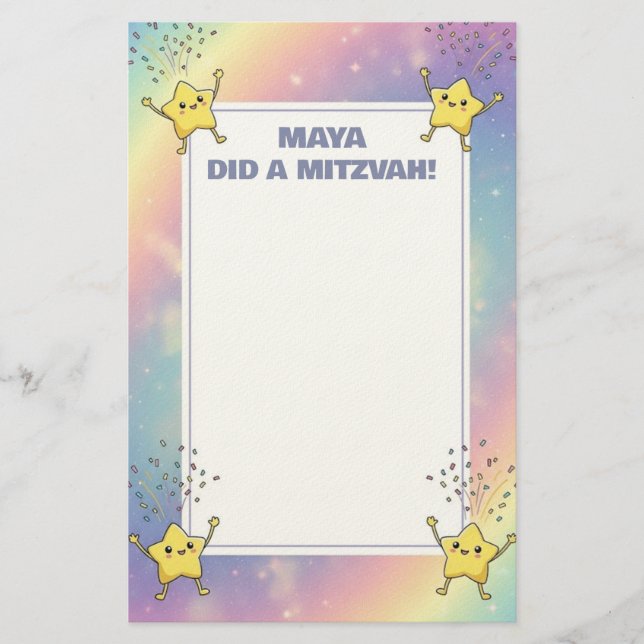 Anpassningsbar Mitzvah Note Rainbow Confetti Stars Brevpapper (Framsida)