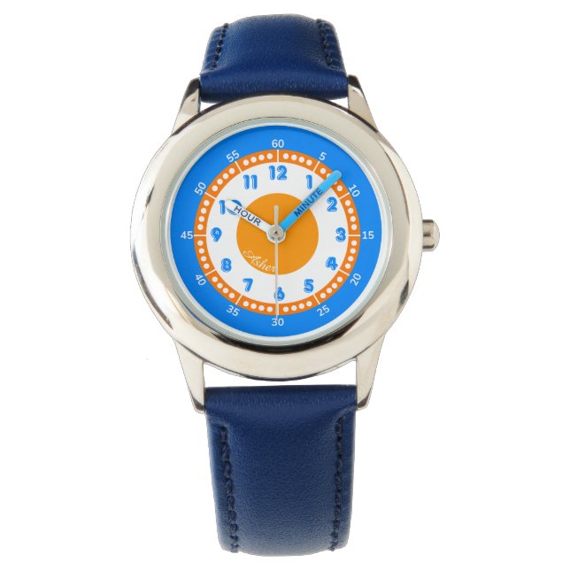 Anpassningsbar Modern Bold Blue & Orange Education Armbandsur (Framsida)