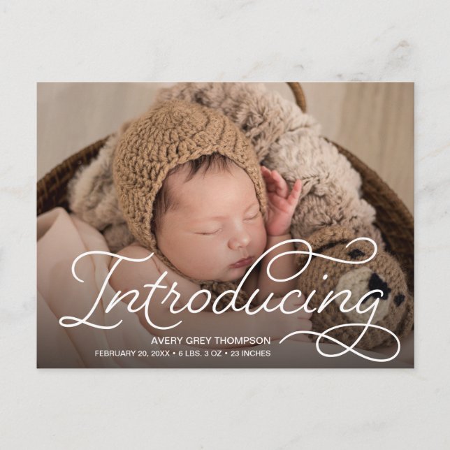 Anpassningsbar Modern Calligraphy Introducing Baby Vykort (Framsida)