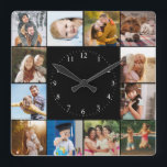 Anpassningsbar Modern enkel fotosamling för enkel  Fyrkantig Klocka<br><div class="desc">Enkel och modern Instagram-fotokollage, perfekt för 16 favoritminnen att vara tacksam för i den här knappa vägguttaget med minimalistisk design. Perfekt som en gåva till familj eller bästa vänner, uppvärmning av hemmet eller nyfödda, men också en perfekt som är närvarande för dig själv, en vardaglig påminnelse om hur lyckligt du...</div>