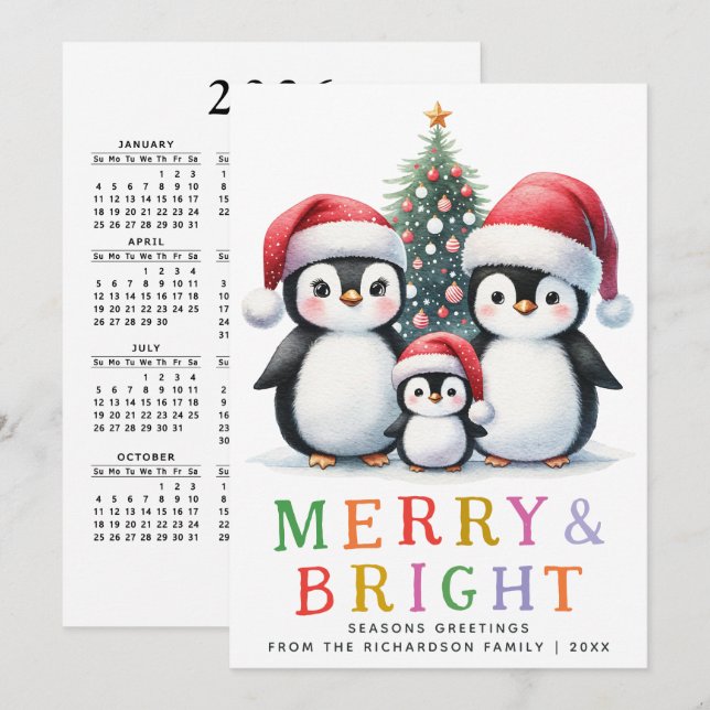 Anpassningsbar Modern Merry och Bright Penguin jul Julkort (Fram/baksida)
