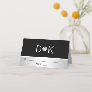 Anpassningsbar Modern Monogram Black Silver Heart  Placeringskort