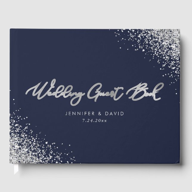 Anpassningsbar Modern Navy Blue och Silver Glitter Gästböcker (Framsida)