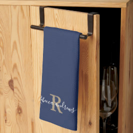 Anpassningsbar Modern Navy Monogram Script Initial Kökshandduk