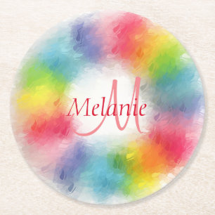 Anpassningsbar Modern Rainbow Abstrakt Monogram-ma Underlägg Papper Rund