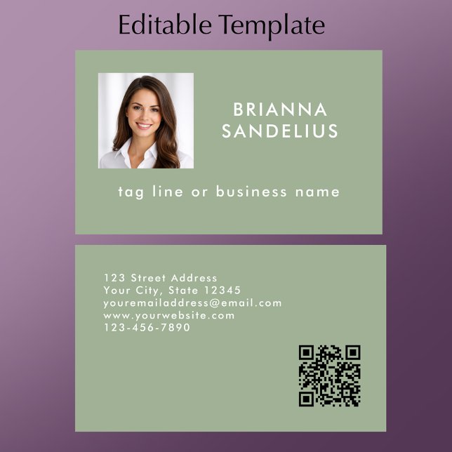 Anpassningsbar Modern Sagegrön QR-kod Fotomall Visitkort (Personalize this stylish sage green business card template. Add photo QR card and contact info.
)