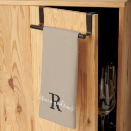 Anpassningsbar Modern Taupe Monogram Script Initia Kökshandduk