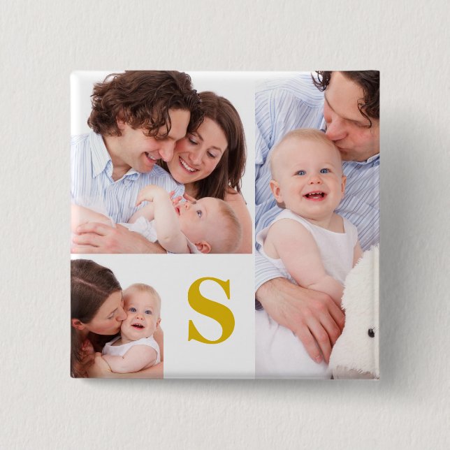 Anpassningsbar Monogram 4 Photo Collage Button Knapp (Framsida)