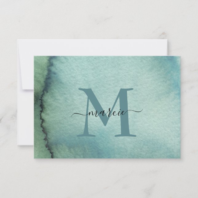 Anpassningsbar Monogram blå Grönt vattenfärg Tack Kort (Framsida)